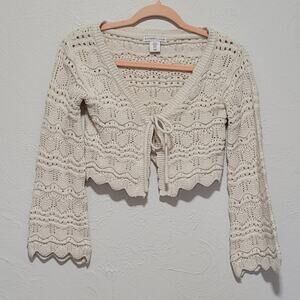 Sincerely Jules Women's XS Cream Crochet Tie-Front Cardigan with Bell Sleeves.